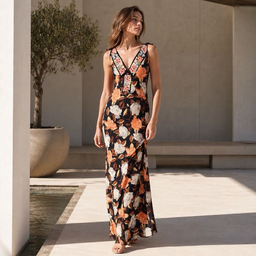Anthropologie BURNING TORCH 100% SILK Floral Embroidered Carmen Fit Maxi Dress 8